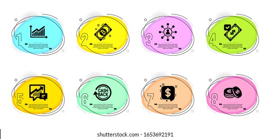 Mensajes de pago, Pago aceptado y Ahorro. Infografía de la línea de tiempo. Iconos de línea de contraposición, gráfico y bitcoin. Redes, símbolos contables. Comisión de reembolso, diagrama de presentación. Vector