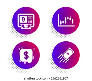 Payment message, Candlestick graph and Bitcoin atm icons simple set. Halftone dots button. Fast payment sign. Finance, Finance chart, Cryptocurrency change. Finance set. Vector