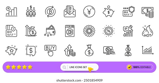 Mensaje de pago, venta caliente e iconos de línea de tarjeta para el App de Web. Paquete de dinero de lavado, refrescar bitcoin, iconos de pictogramas de presupuesto. Tarjeta de crédito, descuento, carteles de compras en línea. Gráfico. Barra de Búsqueda. Vector