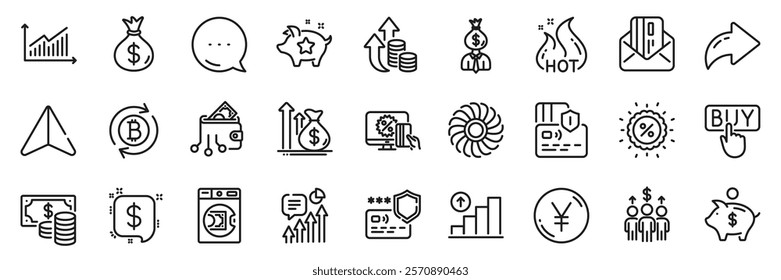 Payment message, Hot sale and Card line icons pack. Share, Message, Paper plane icons. Launder money, Refresh bitcoin, Budget web icon. Credit card, Discount, Online shopping pictogram. Vector