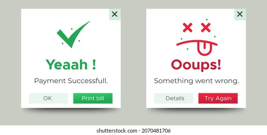 Payment message popup window ui design with button for mobile and web. Vector EPS 10