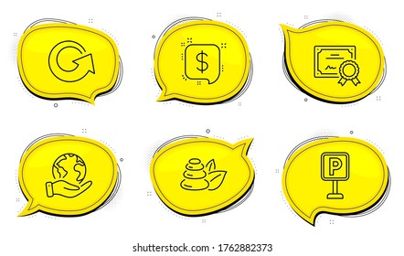 Payment message sign. Diploma certificate, save planet chat bubbles. Spa stones, Parking and Reload line icons set. Bath, Auto park, Update. Finance. Outline icons set. Vector