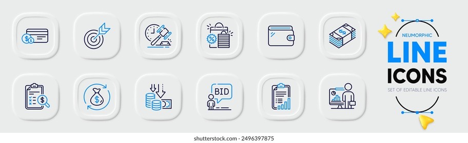 Payment method, Auction hammer and Wallet line icons for web app. Pack of Teacher, Target, Shopping bags pictogram icons. Accounting report, Usd currency, Change money signs. Checklist. Vector