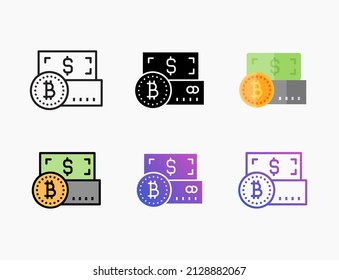 Payment method Bitcoin icon set with line, outline, flat, filled, glyph, color, gradient. Editable stroke and pixel perfect. Can be used for digital product, presentation, print design and more.