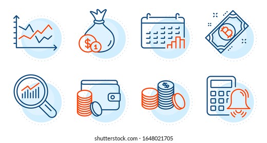 Payment method, Data analysis and Cash signs. Bitcoin, Calendar graph and Diagram chart line icons set. Banking money, Calculator alarm symbols. Cryptocurrency coin, Annual report. Vector
