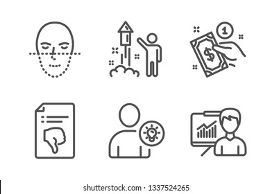 Payment method, Fireworks and Face recognition icons simple set. User idea, Thumb down and Presentation signs. Give money, Party pyrotechnic. People set. Line payment method icon. Editable stroke