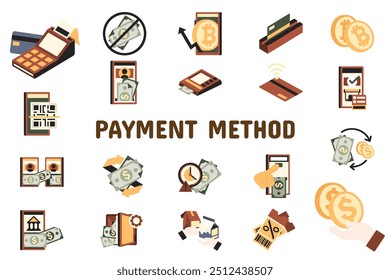 Método de Pagamento Vetor Plano Ilustração Ícone Adesivo Conjunto Materiais de Design