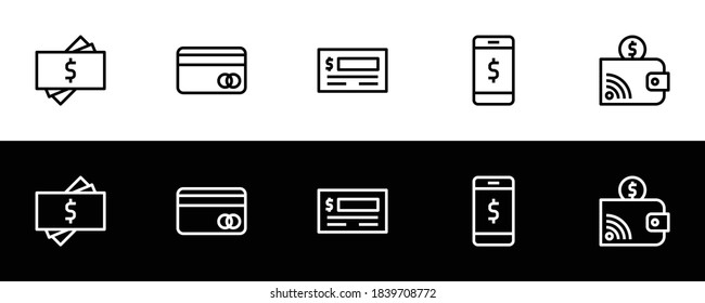 Payment method icon set. Flat design icon collection isolated on black and white background. Cash, credit or debit card, check or cheque, mobile payment, and digital wallet.