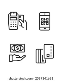 Payment method icons: card reader, QR code, cash in hand, and credit cards. stock illustration