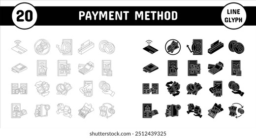 Línea de método de pago Glifo Ilustración vectorial Icon Set de pegatinas Materiales de diseño