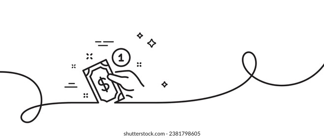 Icono de línea de método de pago. Una línea continua con curl. Denle dinero en efectivo. Cinta de esquema único del método de pago. Patrón de curva de bucle. Vector