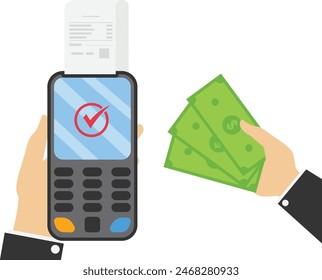 Método de pago, pago no en efectivo con tarjeta bancaria utilizando tecnología POS-terminales NFC y pago en efectivo. Las manos sostienen el teléfono con un archivo adjunto, dinero en efectivo y tarjeta. Ilustración vectorial.

