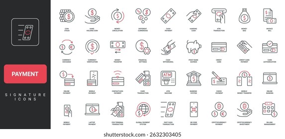 Payment method, online money transfer with phone and laptop, bills line icon set. Credit card and dollar cash, cryptocurrency coins, POS terminal thin black and red outline symbols vector illustration