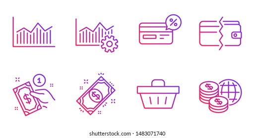 Payment method, Payment and Operational excellence line icons set. Money diagram, Shopping basket and Cashback signs. World money symbol. Finance, Wallet cash. Finance set. Vector