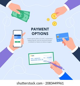 Payment method and option to transfer money. Cash, mobile app, credit card, check, coins. Vector flat illustration for banners, landing page.