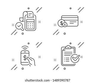 Payment method, Phone payment and Bill accounting line icons set. Survey checklist sign. Mobile pay, Audit report, Report. Finance set. Line payment method outline icon. Vector