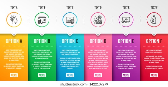 Payment method, Reject certificate and Sale icons simple set. Idea, Seo adblock and Water bottle signs. Wallet with coins, Decline file. Business set. Infographic template. 6 steps timeline. Vector