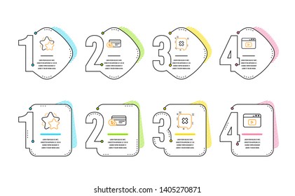 Payment method, Reject and Star icons simple set. Video content sign. Cash or non-cash payment, Delete message, Customer feedback. Browser window. Technology set. Infographic timeline. Vector