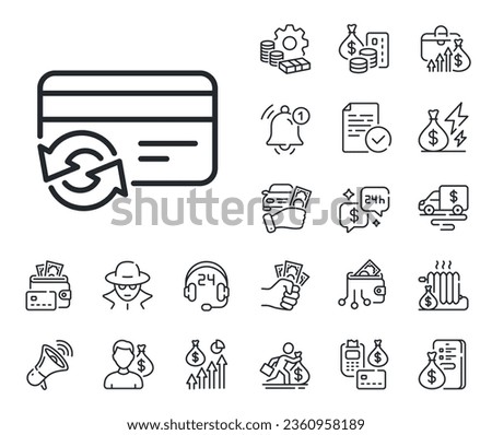 Payment method sign. Cash money, loan and mortgage outline icons. Change credit card line icon. Change card line sign. Credit card, crypto wallet icon. Inflation, job salary. Vector