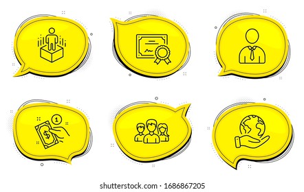 Payment method sign. Diploma certificate, save planet chat bubbles. Teamwork, Human and Augmented reality line icons set. Group of users, Person profile, Virtual reality. Give money. Vector