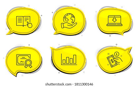 Signo de método de pago. Certificado de diploma, salva las burbujas de chat del planeta. Diagrama de informes, instrucción de lectura e iconos de línea de descarga de Internet. Mercado financiero, libro abierto, datos de carga. Vector