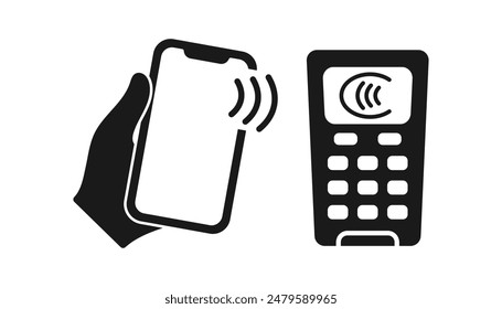 Payment method with smartphone. POS terminal and mobile phone in hand. Contactless wireless pay. Vector.