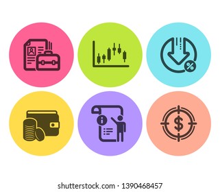 Payment method, Vacancy and Manual doc icons simple set. Candlestick graph, Loan percent and Dollar target signs. Wallet with coins, Hiring job. Business set. Flat payment method icon. Circle button