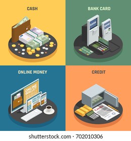 Zahlungsmethoden 4 isometrische Symbole Quadrat mit Bargeld-Kreditkarten und Online-Transaktionen einzelne Vektorgrafik