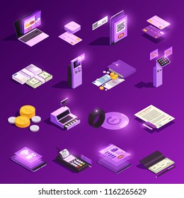 Payment methods cash and electronic money crypto currency glowing isometric icons isolated on purple background vector illustration