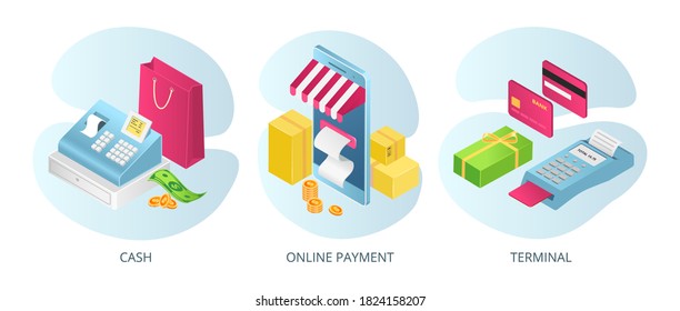 Payment methods, cash terminals online, set of vector illustrations. Pay by credit card, nfc, mobile app and atm, terminal, website, cash and check. Banking online, electronic paying transactions.