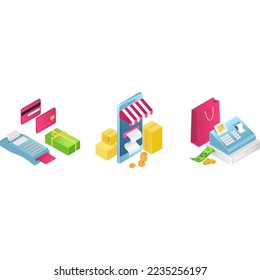 Payment methods, cash terminals online, set of vector illustrations. Pay by credit card, nfc, mobile app and atm, terminal, website.