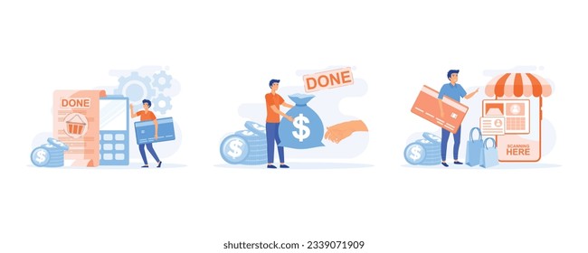 Payment methods, Characters paying with credit card, cash with banknotes and online by electronic bank transfer. Cash and electronic payments. set flat vector modern illustration 