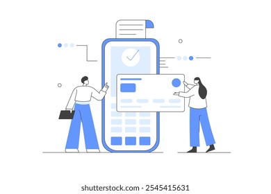 Payment methods. Characters paying with credit card online by electronic bank transfer. Flat Cartoon Vector Illustration, icon. Stylish, Minimalist Abstract