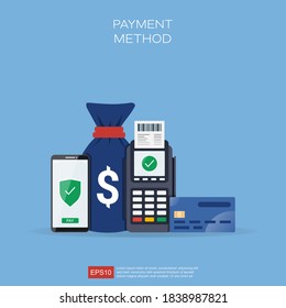 Payment methods concept with different ways in transactions vector illustration. smartphone, money and dataphone symbol.