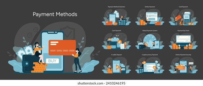 Payment Methods concept. Diverse transaction options for consumers. Digital, NFC, cash, global systems, checks, e-wallets, cryptocurrency, secure online processes. Flat vector illustration