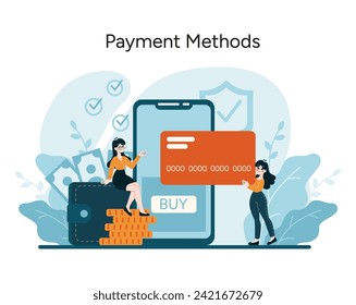 Payment Methods concept. A seamless fusion of digital and traditional spending with secure card transactions. Consumer choice in the digital era. Flat vector illustration