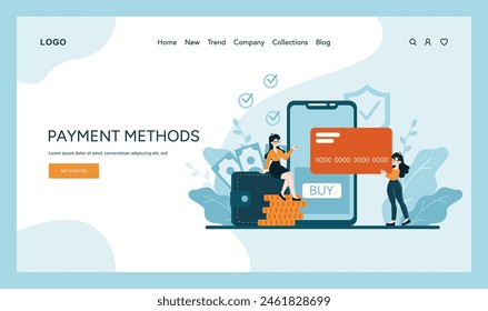 Payment Methods concept. A seamless fusion of digital and traditional spending with secure card transactions. Consumer choice in the digital era. Flat vector illustration