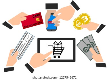 Payment methods confirmed finance people hands mobile banking  vector illustration.