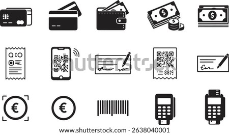 Payment methods — credit card, wallet, cash, receipt, mobile pay, QR code, check, coin, barcode, POS machine. black and white file format eps
