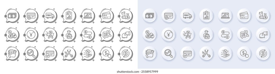 Payment methods, Cut tax and Card line icons. White pin 3d buttons, chat bubbles icons. Pack of Graph laptop, Payment, Report icon. Delivery discount, Free delivery, Refresh bitcoin pictogram. Vector