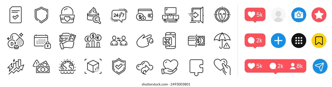 Métodos de pago, paquete de iconos de línea de desastre y rompecabezas. Iconos de medios sociales. Voluntario, Detección de cara, icono de Web de servicio 24h. Modo de vuelo, Accesorio de compra, Pictograma de fraude. Vector