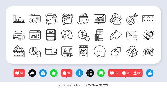 Payment methods, Donation and Deflation line icons pack. Social media: share, comment, like icons. Contactless payment, Target, Statistics web icon. Tax calculator, Donate, Money pictogram. Vector