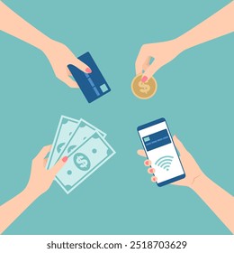 Métodos de pago. Manos femeninas que sostienen la tarjeta, los billetes, la moneda y el smartphone con el pago sin contacto. Ilustración vectorial plana