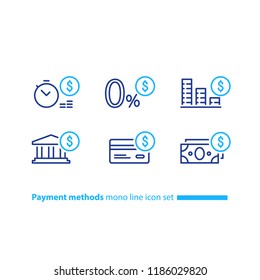 Payment methods, financial items set, zero percent commission fee, credit card money transaction, payment installment plan, vector mono line icons