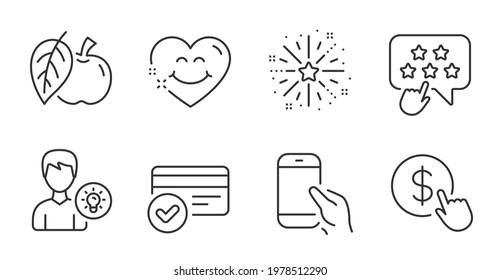 Payment methods, Fireworks explosion and Apple line icons set. Person idea, Ranking star and Buy currency signs. Hold smartphone, Smile face symbols. Quality line icons. Payment methods badge. Vector