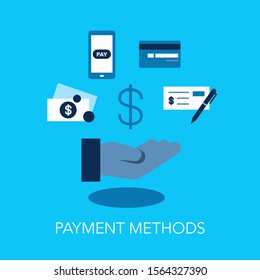 Payment methods flat symbol with hand and dollar as a main symbol. Easy to use for your website or presentation.