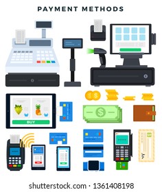 Payment methods. Icons, illustrating ways of payment. Different payment tools, cash register, payment terminal, cash, coins, computer, wallet, credit cards, isolated on white. Vector illustration.