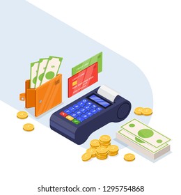 Payment methods icons set. Money transfer vector 3d isometric illustration. Credit card, dollars cash and bank terminal isolated on white background.