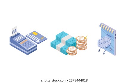 Ilustración de métodos de pago set.on fondo blanco.diseño 3D.diseño vectorial isométrico Ilustración.