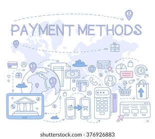 Infografías sobre métodos de pago. Ilustración vectorial dibujada a mano